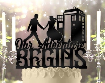 Our Adventure Begins Police Call Box Couple with Date Personalized Wedding Cake Topper