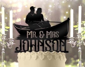 Canoe Couple Mr Mrs with Name Outdoor Nature Personalized Wedding Cake Topper