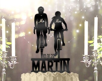 Bike Rider Bicycle Couple Mr Mrs Name and date Personalized Wedding Anniversary Cake Topper