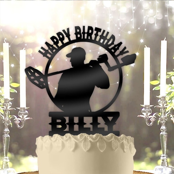 Metal Detector hobbyist with Name Personalized Birthday Cake Topper