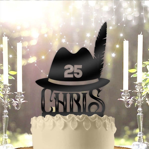 Men's Classic Fedora with Feather Hat Birthday Name with Age   Birthday Cake Topper