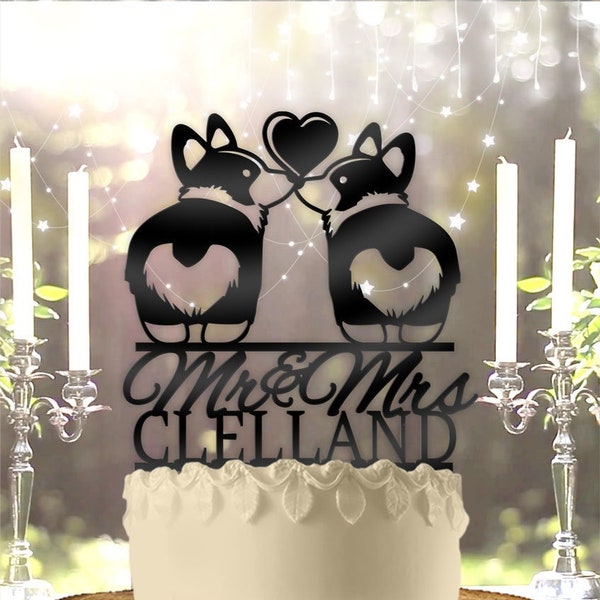 Corgi Love Mr and Mrs Personalized Wedding Cake Topper