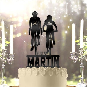 Bike Rider Bicycle Couple Mr Mrs Name and date Personalized Wedding Anniversary Cake Topper