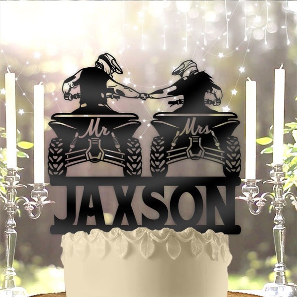 ATV Quad Riding Couple Mr Mrs Name Personalized Wedding Anniversary Cake Topper