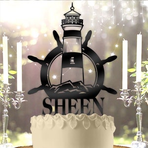 Nautical Lighthouse Wheel with Name Personalized Wedding Cake Topper