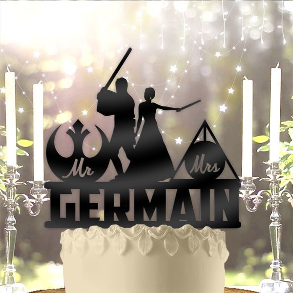 Jedi and Mage with Name Mr Mrs  Wedding Cake Topper