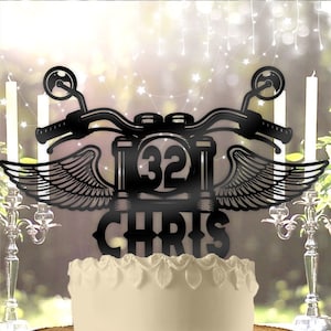 Motorcycle Biker Handlebars Wings with Name and Age Personalized Birthday Cake Topper