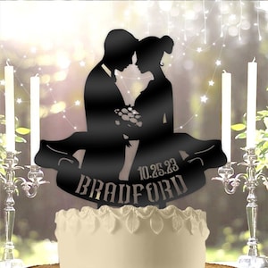 Personalized Wedding Cake Topper: Mr & Mrs Silhouette with Date