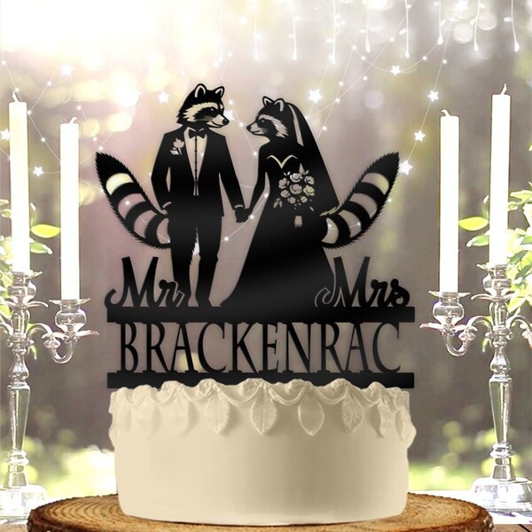 Racoon Couple with Name Personalized Wedding Cake Topper