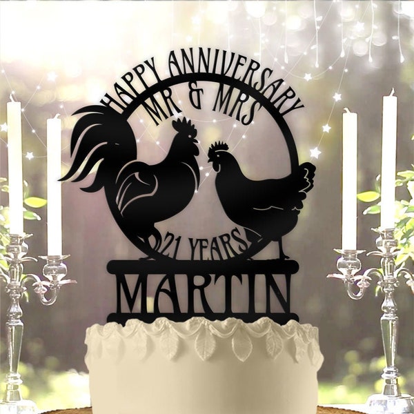 Rooster and Hen Anniversary Mr Mrs Name and Years Personalized Cake Topper