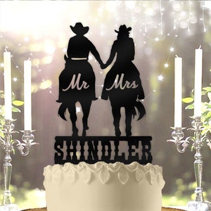 Horse Riding Couple Cowboy Cowgirl Mr Mrs Name Personalized Custom   Wedding Anniversary Cake Topper