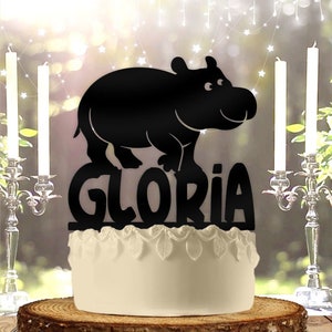 Cute Hippo with Name Personalized Birthday Cake Topper