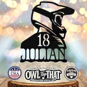 Motocross Racer Biker Helmet Decoration - Personalized with Name and Age - Custom Birthday Cake Topper