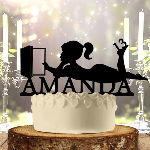 Girl Reading Books With Name and Age Birthday Cake Topper