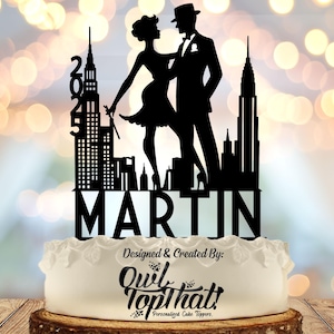 Chicago Cabaret Gatsby Style Personalized Name and Date Wedding Cake Topper