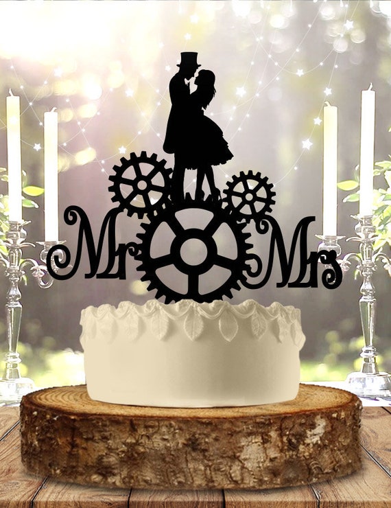 Acrylic Steampunk Gears Theme Bride & Groom Wedding Cake Topper Decoration