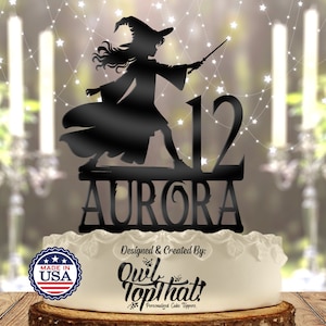 Witch Mage Girls - Personalized Name, Age - Fantasy Themed - Custom Birthday Cake Topper