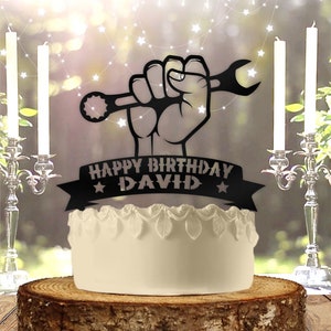 Ratchet Wrench Mechanic with Name Personalized Birthday Cake Topper