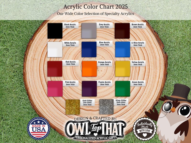 an owl with a top hat is next to a board with different colors of paint