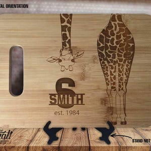Giraffe Monogram - Personalized Name & Date - Kitchen Housewarming Wedding Gift Sign - Custom Engraved Bamboo Display Cutting Board