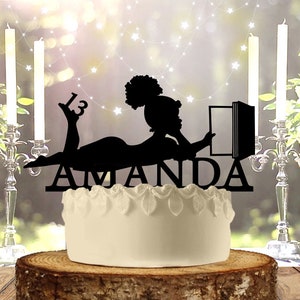 Girl Reading Books With Name Birthday Cake Topper