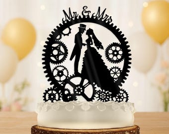Steampunk Wedding Cake Topper: Bride and Groom