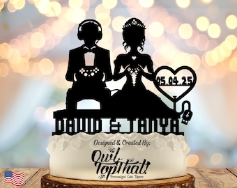 Gamer Couple - Personalized Mr & Mrs Name - Gamer Themed - Nerdy Wedding Cake Topper
