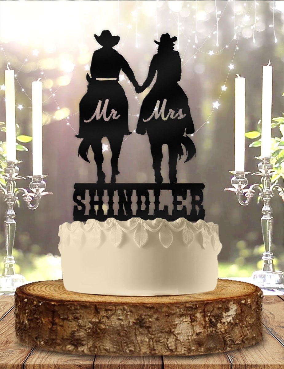 Horse Riding Couple Cowboy Cowgirl Mr Mrs Name Personalized Custom Wedding Anniversary Cake Topper