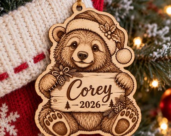 Bear Custom Name Tag Wood Ornament - Personalized Name & Date - Gift Tags