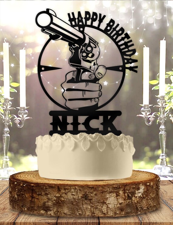 Handgun Happy Birthday Cake Topper - Black Glitter, 6 Inches, Cardstock With Wood Stick - View #2
