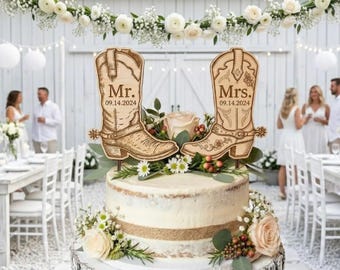 Western Boots Wedding Cake Topper: Cowboy Cowgirl Couple, Personalized Mr & Mrs