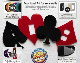 Card Suit Switch Plates – Poker Room Decor, High-Gloss Acrylic Wall Plates (4-Piece)