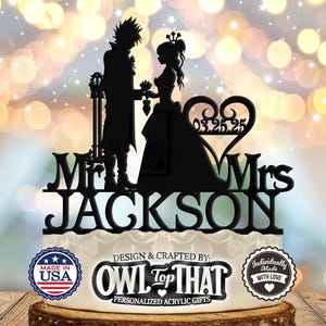 Anime Gamer Couple - Personalized Mr & Mrs Name, Date - Gamer Themed - Custom Wedding Cake Topper
