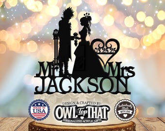 Anime Gamer Couple - Personalized Mr & Mrs Name, Date - Gamer Themed - Custom Wedding Cake Topper