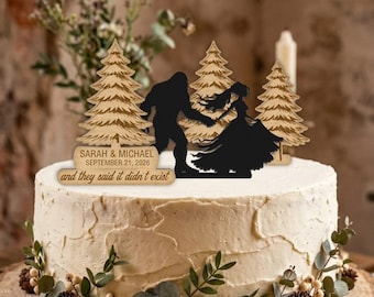 Bigfoot Wedding Cake Topper -Three Pieces- Sasquatch and Bride -  Personalized Name -  Forest Themed- Rustic