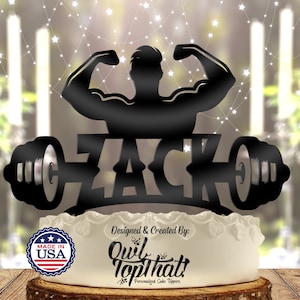 Strong Man Weightlifter Bodybuilder Name Personalized Birthday Cake Topper