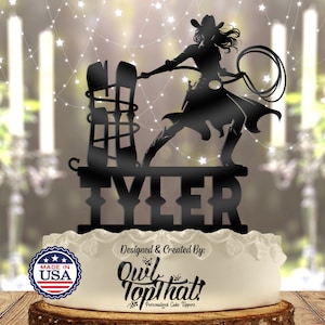 Woman Cowgirl Outlaw Lasso - Personalized Name, Age - Western Themed - Custom Birthday Cake Topper