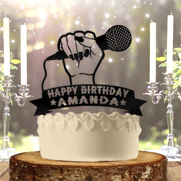 Microphone Karaoke Female with Name Personalized Birthday Cake Topper