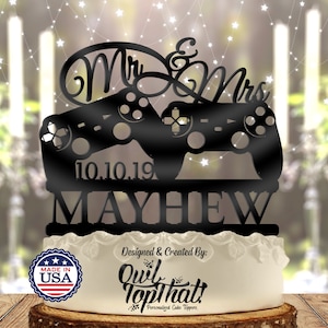 Game Controllers - Personalized Mr & Mrs Name, Date - Gamer Themed - Custom Wedding Cake Topper