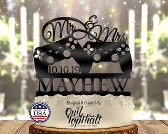 Game Controllers - Personalized Mr & Mrs Name, Date - Gamer Themed - Custom Wedding Cake Topper