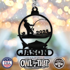 Fisherman Fishing Name Tag Ornament - Personalized Name & Date - Gift Tags, Event Markers, Holiday Ornaments, Bag Tags, and More