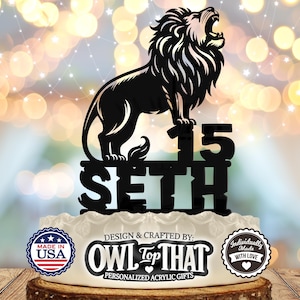 Lion - Personalized Name & Age - Animal Themed - Custom Birthday Cake Topper