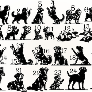Puede incluir: Ilustraciones en silueta negra y blanca de 25 razas de perros diferentes. Cada perro está numerado del 1 al 25.