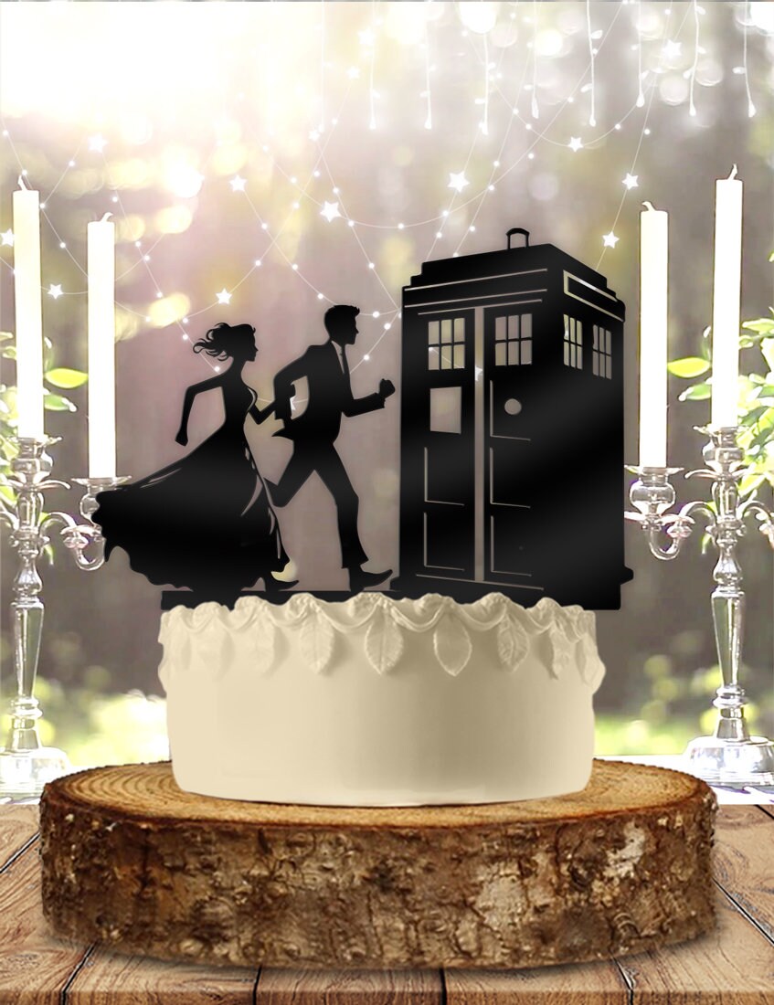 Doctor Who Tardis Wedding Cake Topper - Rainy Day Hugs Design - Engagement & Anniversary Decoration