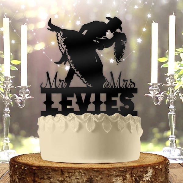 Cowboy Couple Western Couple Dance Dip Kiss Mr Mrs Name Personalized Custom Anniversary Wedding Cake Topper