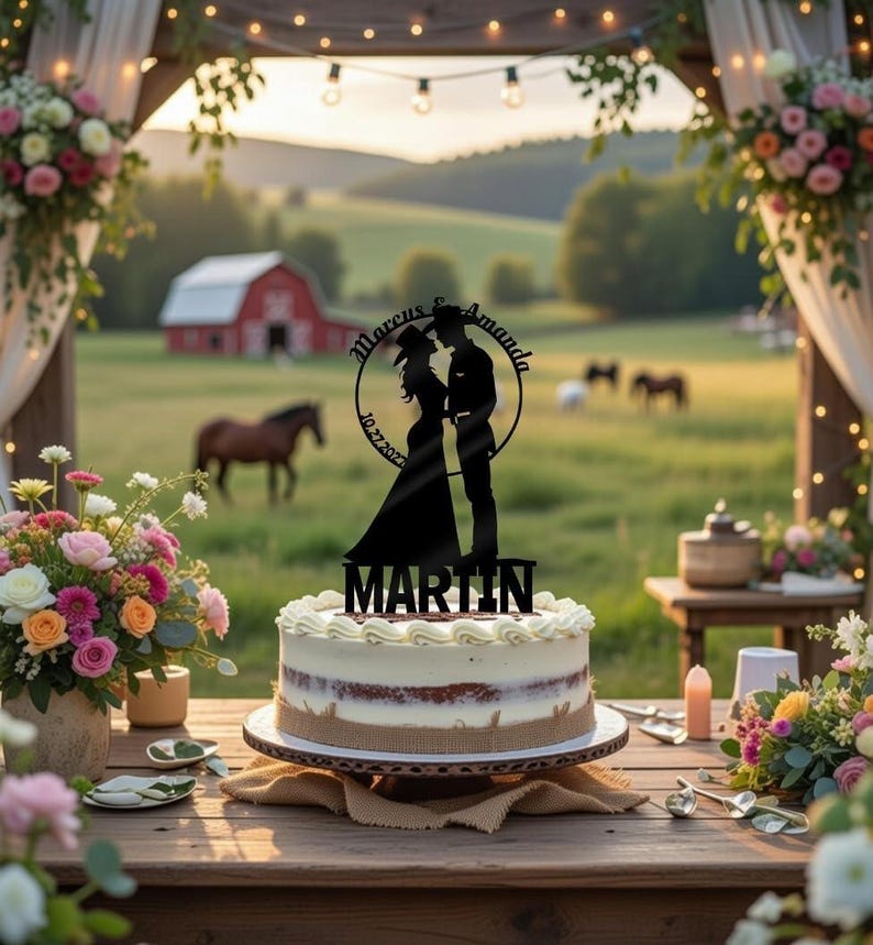 Country Western Wedding Cake Topper With Children Rustic Farm Barn ...