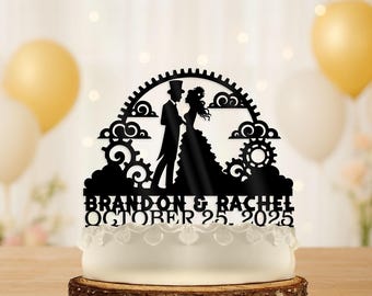 Steampunk Wedding Cake Topper: Bride and Groom Personalized With Date