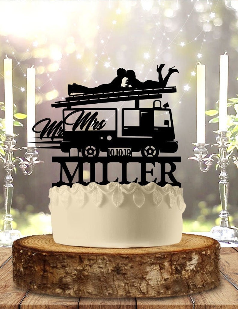 Fireman Couple On Truck Personalized Wedding Cake Topper image 1