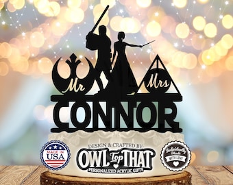 Jedi and Mage - Personalized Mr & Mrs Name - Fantasy Themed - Custom Wedding Cake Topper