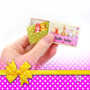 Tiny pocket figurine animals kids. Miniature matchbox bed. Tiny bear and bunny for BJD dolls.
